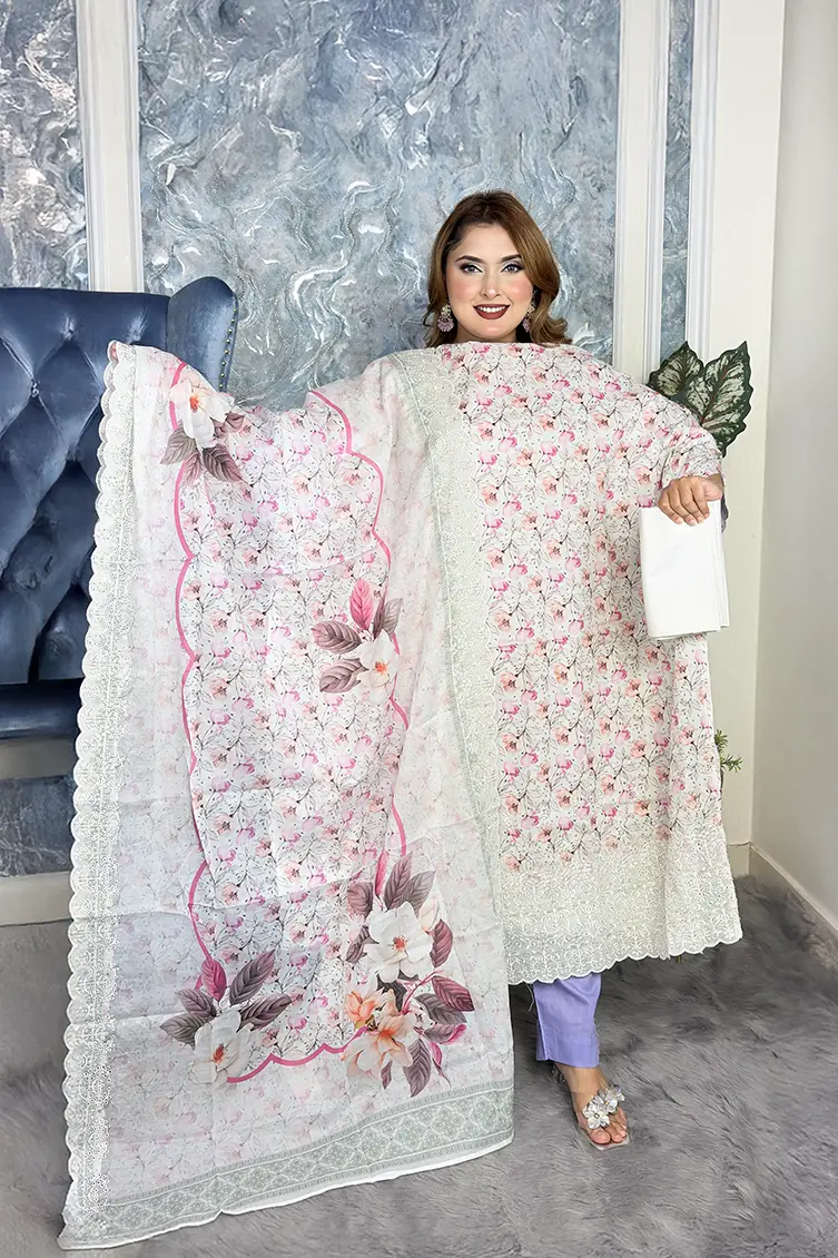 Unstitched Premium cotton 3-piece(Base Ashy white)