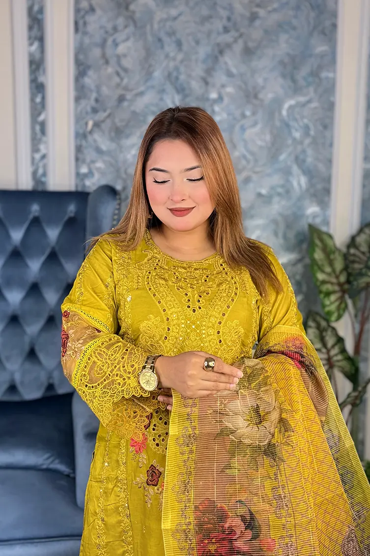 Alternative view of Pakistani Inspired Gorgeous Party 3-piece(Olive Green)