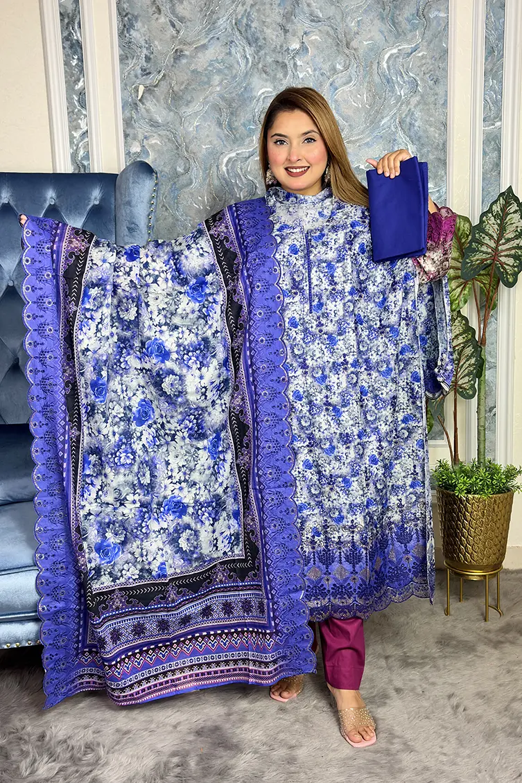 Semi-stitched Premium cotton 3-piece(Blue Color)