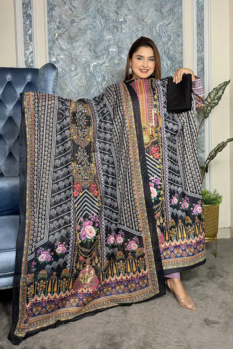AFROZEH Premium SWISS LAWN 3-piece(Black)