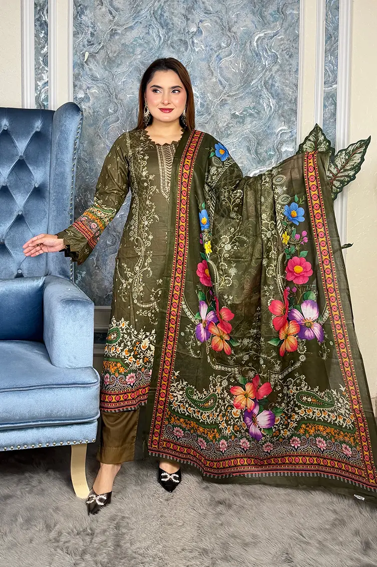 Suprita Premium SWISS LAWN 3-piece(Mehendi Color)
