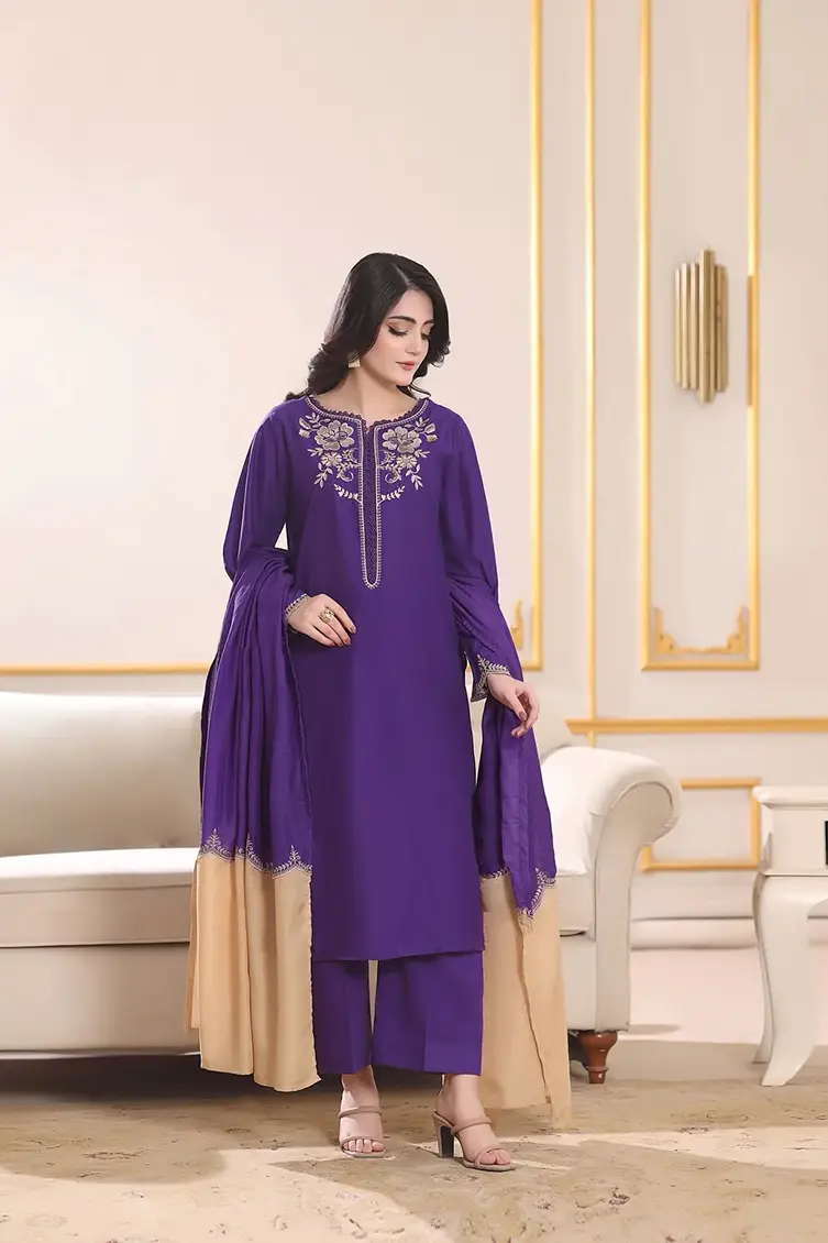 Alternative view of Royal Purple Embroidered Premium Cotton 3-Piece