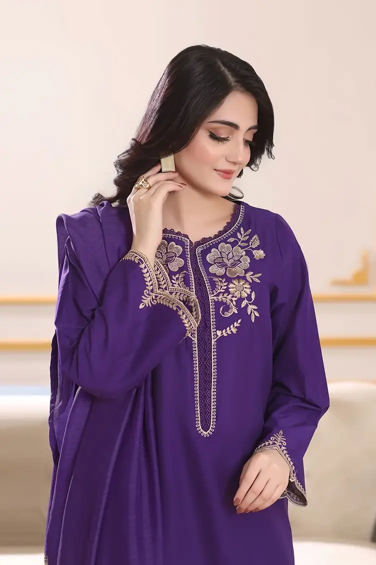 Royal Purple Embroidered Premium Cotton 3-Piece
